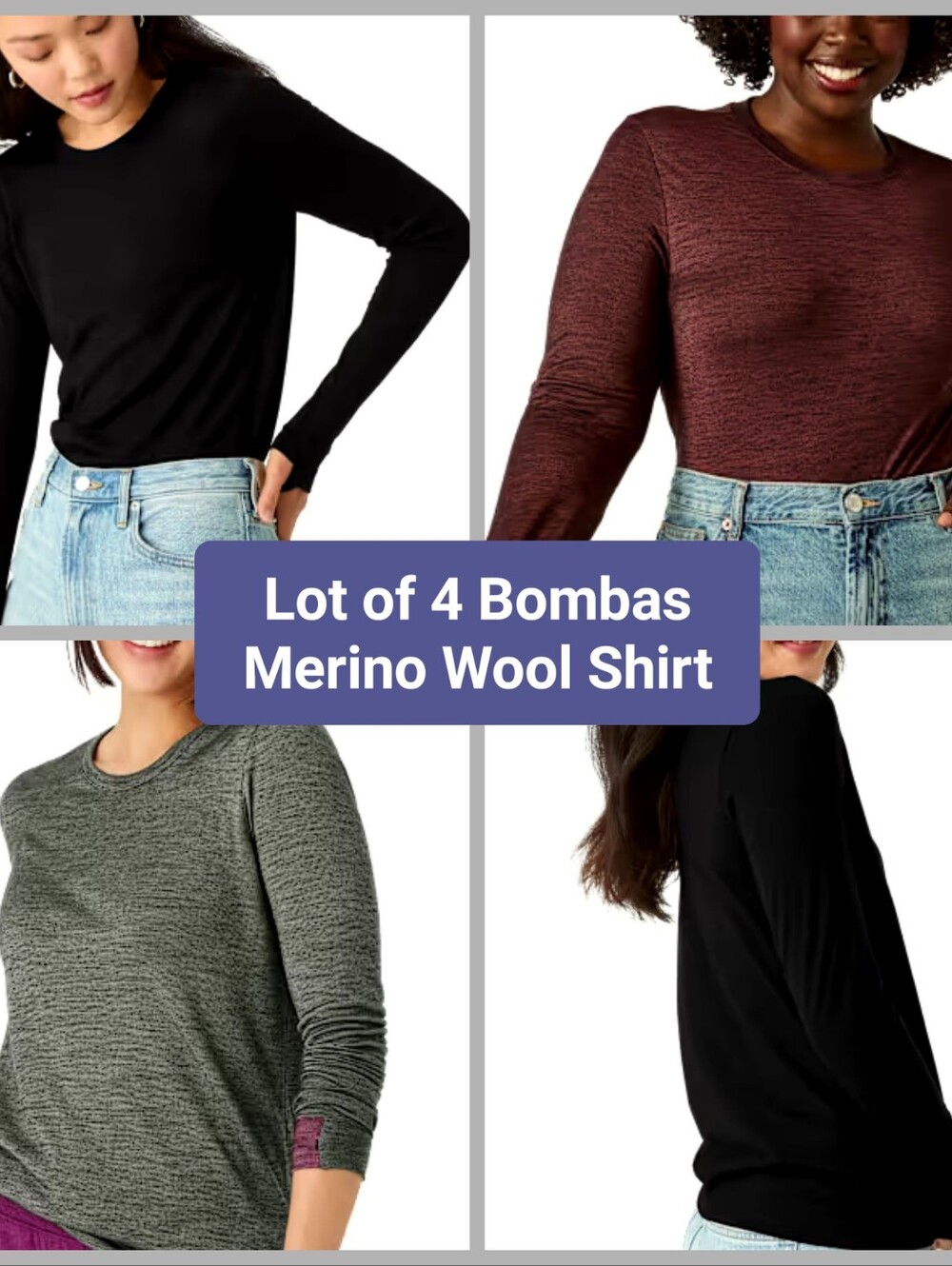 Lot of 4 Bombas Merino Wool Blend Long Sleeves 2 Black 1 Raw Umber 1 Berry Dusk
